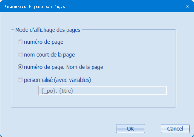 Paramètres du panneau Pages